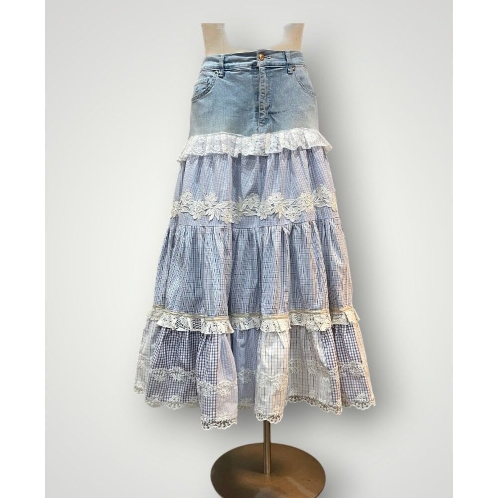 Upcycled Denim and Cotton Tiered Boho Prairie Skirt w Ruffles + Lace, Size 10